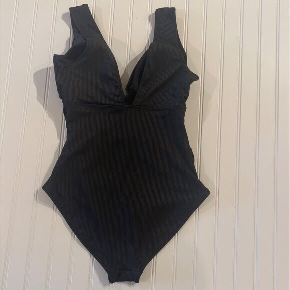 Eomenie Womens One Piece Swimsuit Large Black Ribbed V Neck Tummy Control - Picture 5 of 7
